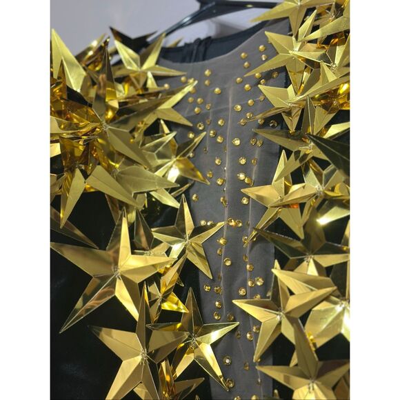 NWT Mew Mews Black Plunge-Neck Gown with Gold Star Appliques Statement Dress XS - Picture 4 of 12